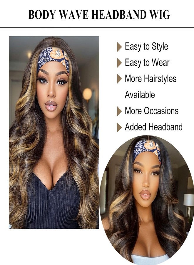 Colorful Queen Honey Blonde Highlight Headband Wig Ombre Brown Body Wave Headband Wigs for Black Women Brown Mix Blonde Colored Long Wavy Wig with Headband 26 Inch F4/27 - Image 2